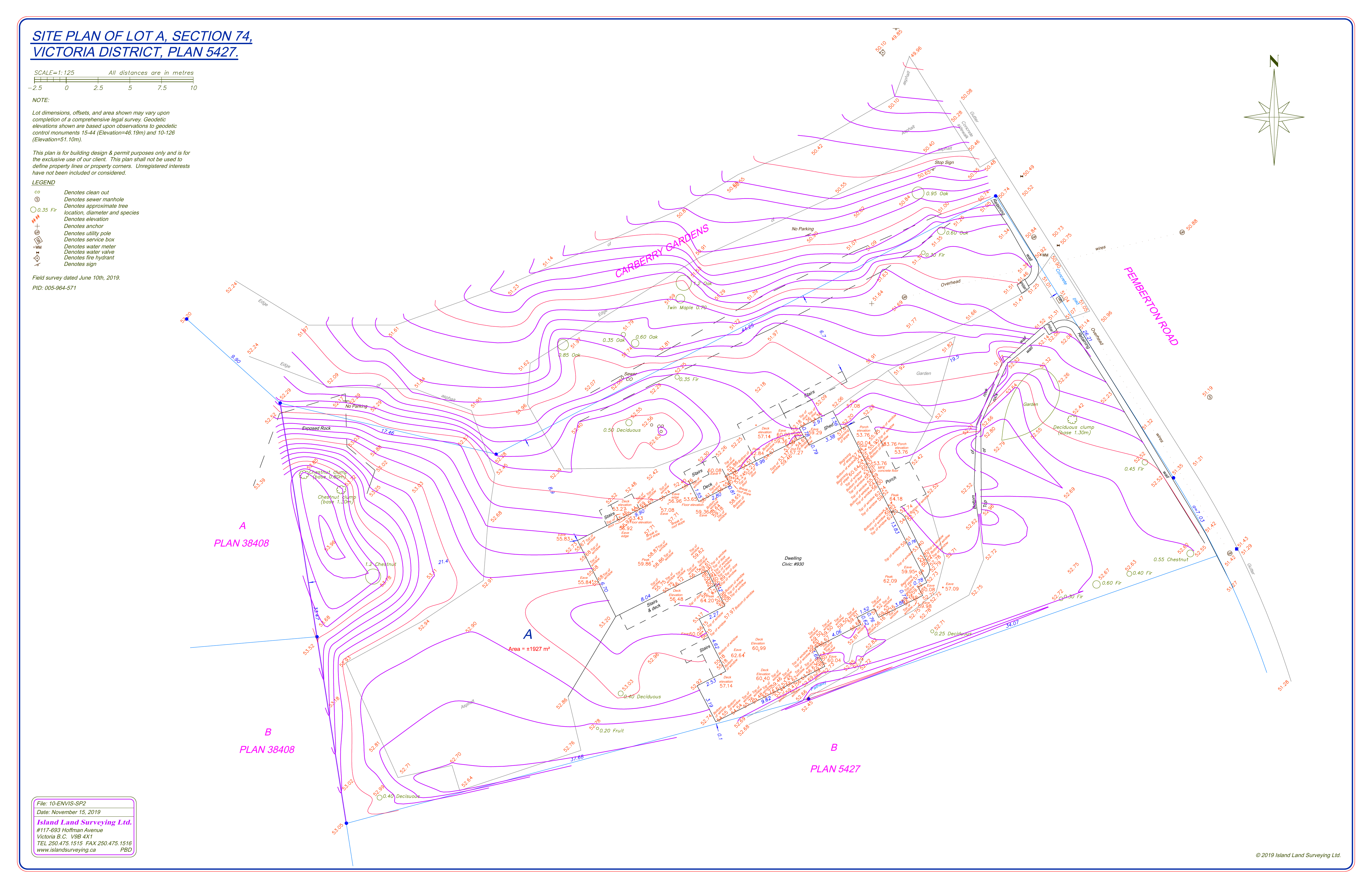 Topographical site plan of Lot A, Plan 5427, showing the lot, contours, trees and the existing dwelling